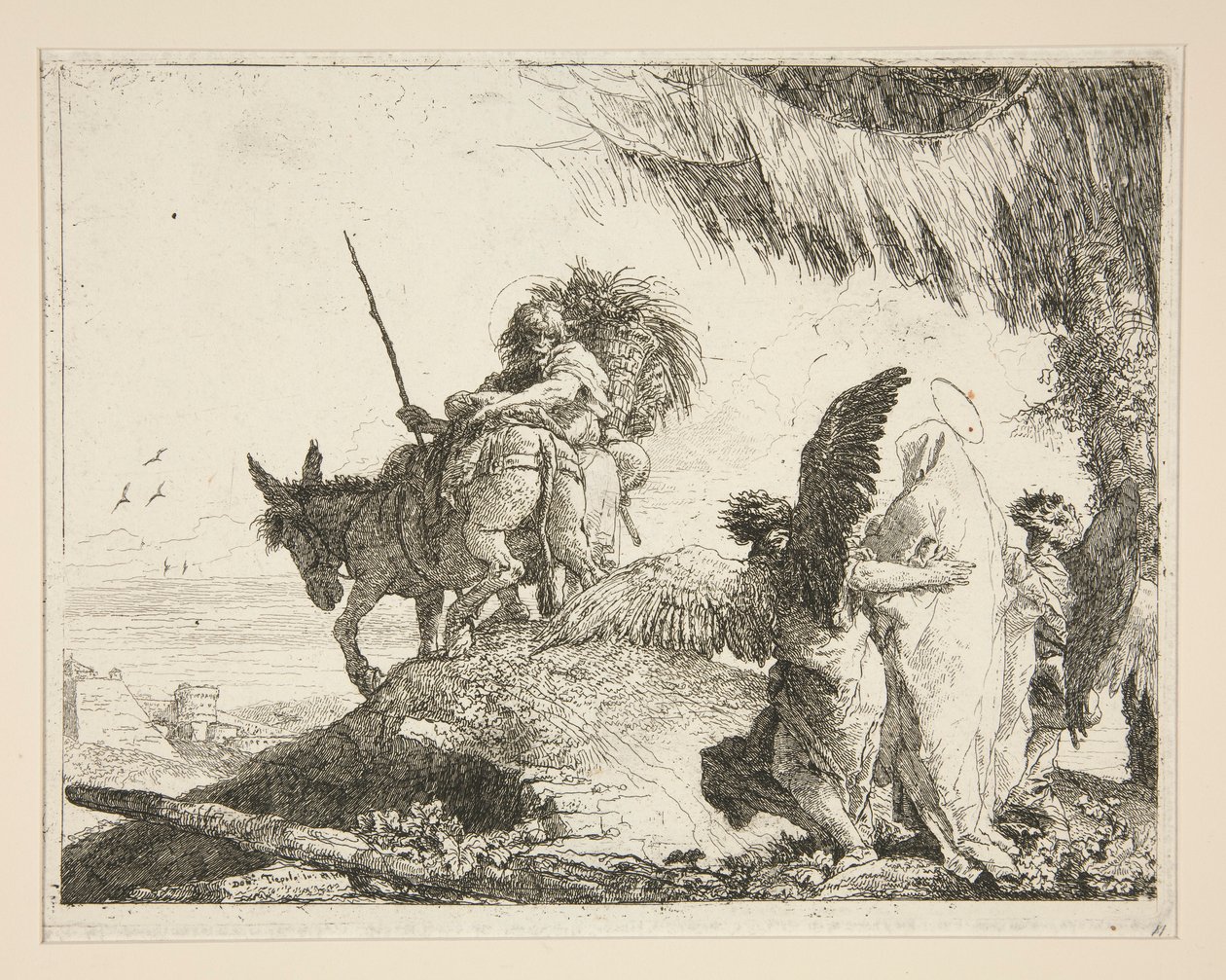 De Heilige Familie tussen twee engelen, uit de serie Idee pittoresche sopra la fuga in Egitto (Vlucht naar Egypte) door Giovanni Domenico Tiepolo