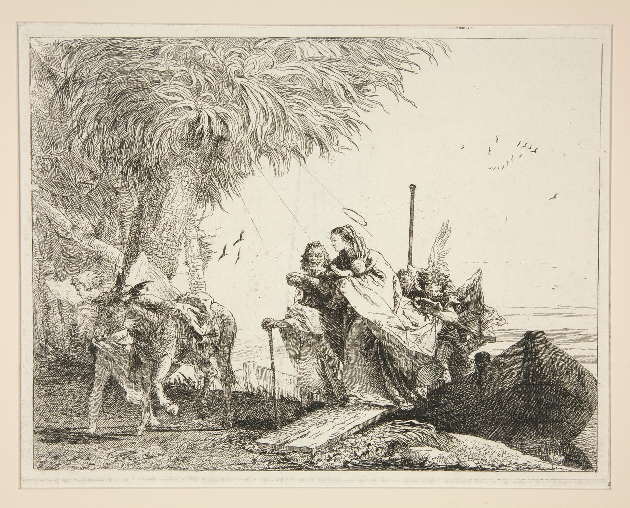 De Heilige Familie ontscheping, uit de serie Idee pittoresche sopra la fuga in Egitto (Vlucht naar Egypte) door Giovanni Domenico Tiepolo