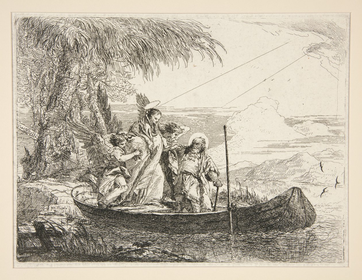 De Heilige Familie stapt in een boot, uit de serie „Idee pittoresche sopra la fuga in Egitto” (Vlucht naar Egypte) door Giovanni Domenico Tiepolo