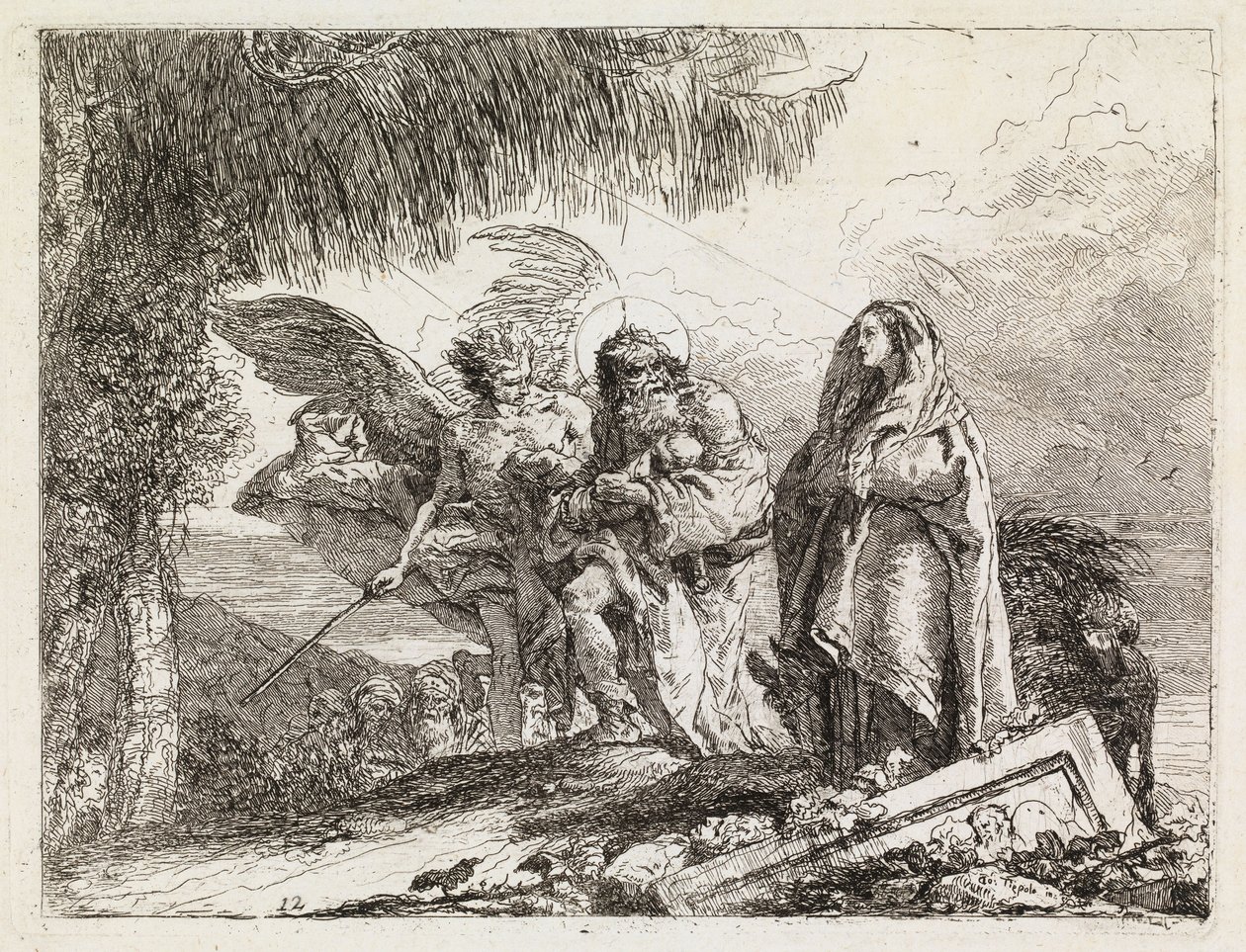 De Heilige Familie, begeleid door een engel (De vlucht naar Egypte XII) door Giovanni Domenico Tiepolo