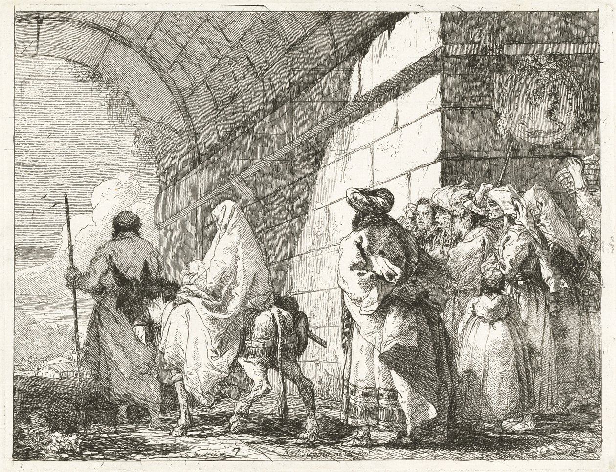 De Heilige Familie passeert onder een stadspoort door Giovanni Domenico Tiepolo