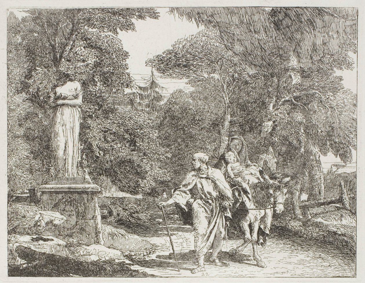 De Heilige Familie die Langs een Beeld Gaat, waarvan het Hoofd op de Grond Valt, plaat 22 uit De Vlucht naar Egypte door Giovanni Domenico Tiepolo