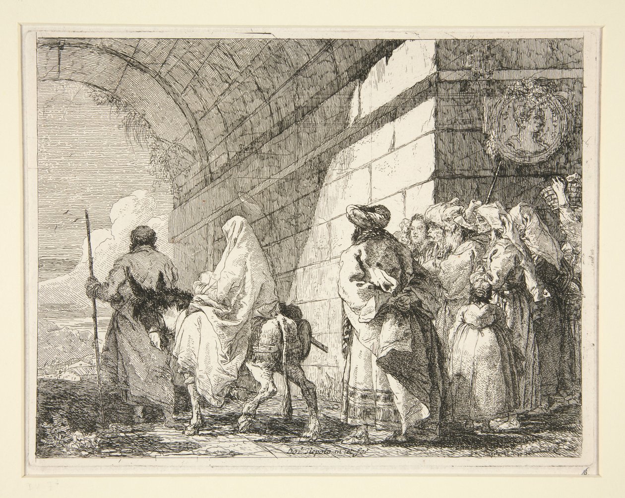 De Heilige Familie trekt onder een boog door en verlaat de stad via een stadspoort, uit de serie „Idee pittoresche sopra la fuga in Egitto” (Vlucht naar Egypte) door Giovanni Domenico Tiepolo