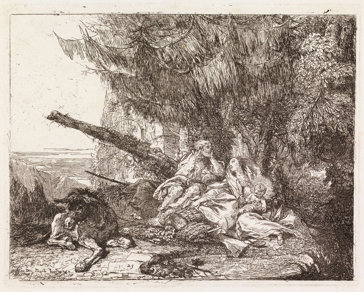 De Heilige Familie rustend onder een spar (De vlucht naar Egypte XXIII) door Giovanni Domenico Tiepolo