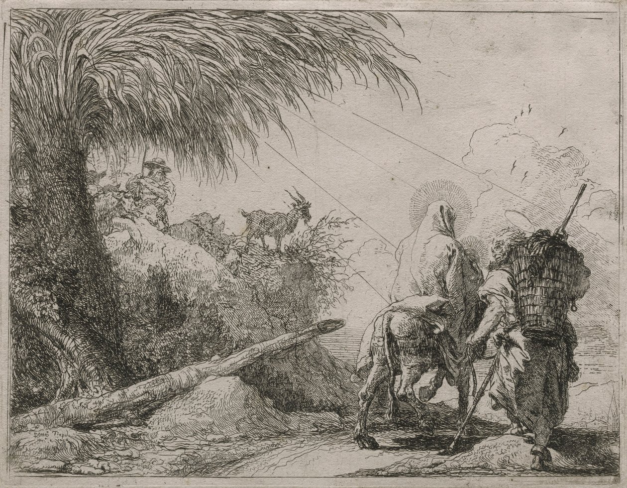 De Heilige Familie op een rotsachtig pad, uit de serie Idee pittoresche sulla fuga in Egitto door Giovanni Domenico Tiepolo