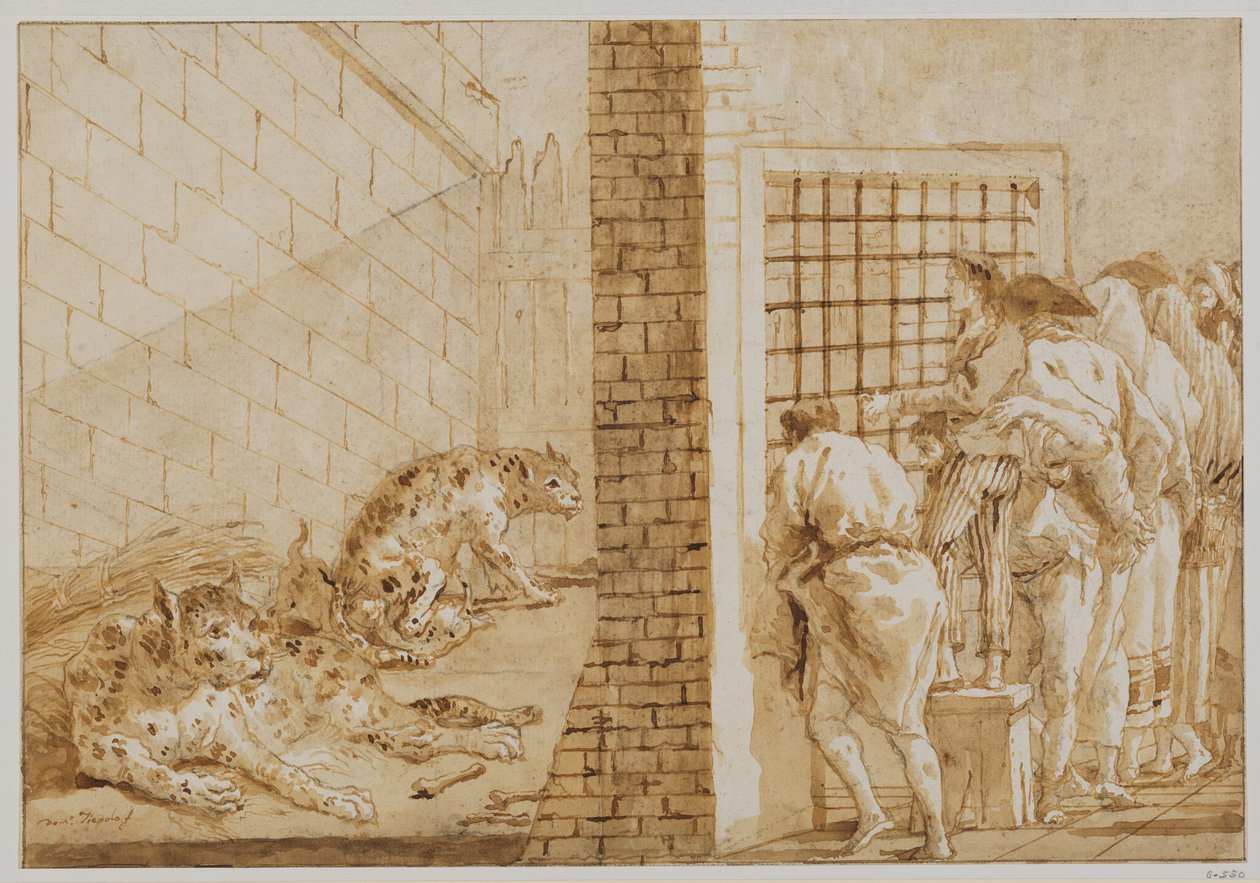 De kooi van de luipaarden in de menagerie door Giovanni Domenico Tiepolo