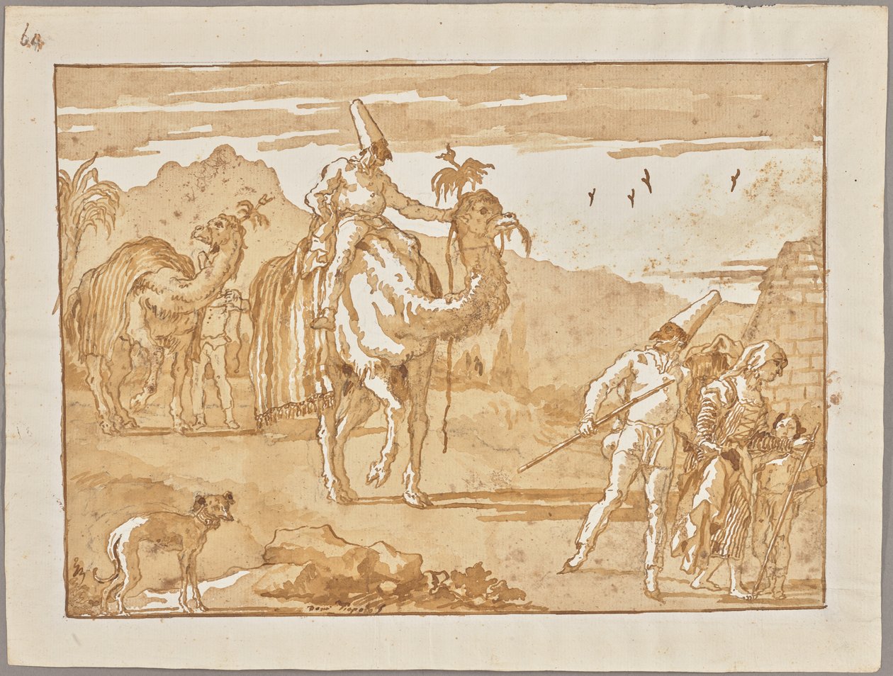 Der Punchinello reitet auf einem Kamel an der Spitze einer Karawane door Giovanni Domenico Tiepolo