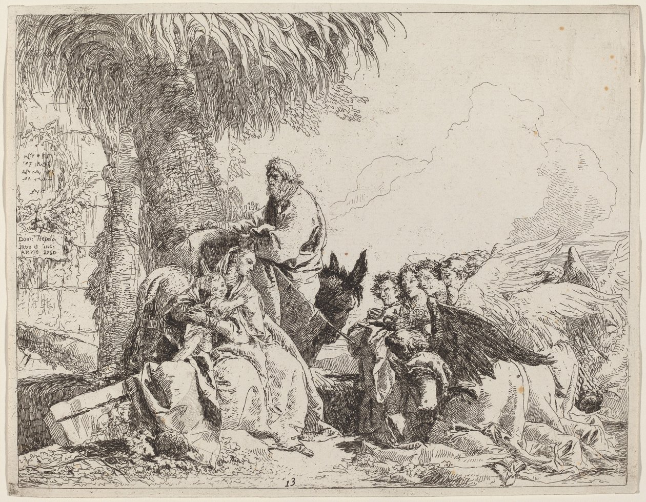 De Rust tijdens de Vlucht, met Aanbiddende Engelen door Giovanni Domenico Tiepolo