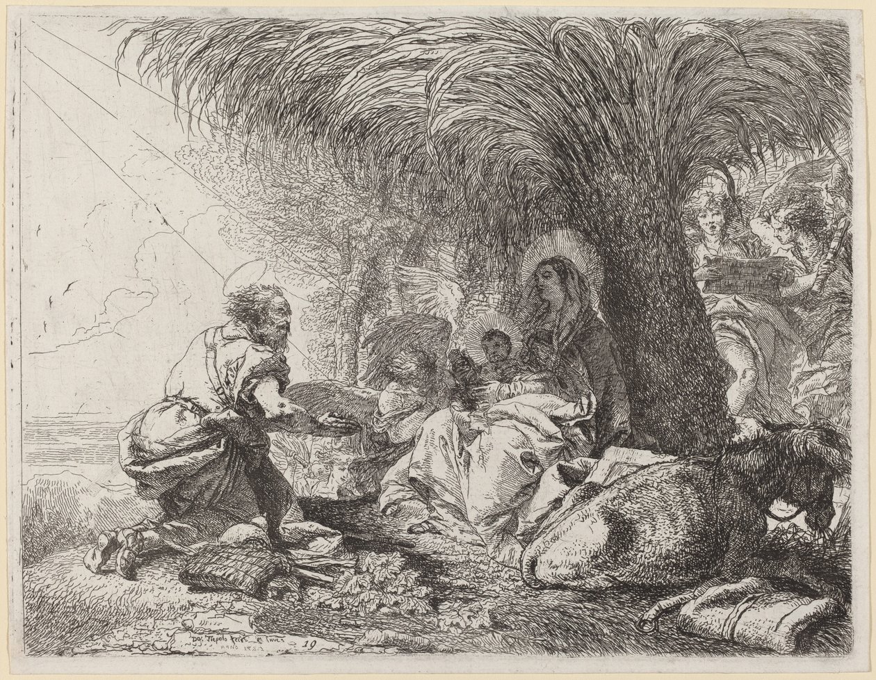 De rust tijdens de vlucht met Jozef in aanbidding door Giovanni Domenico Tiepolo