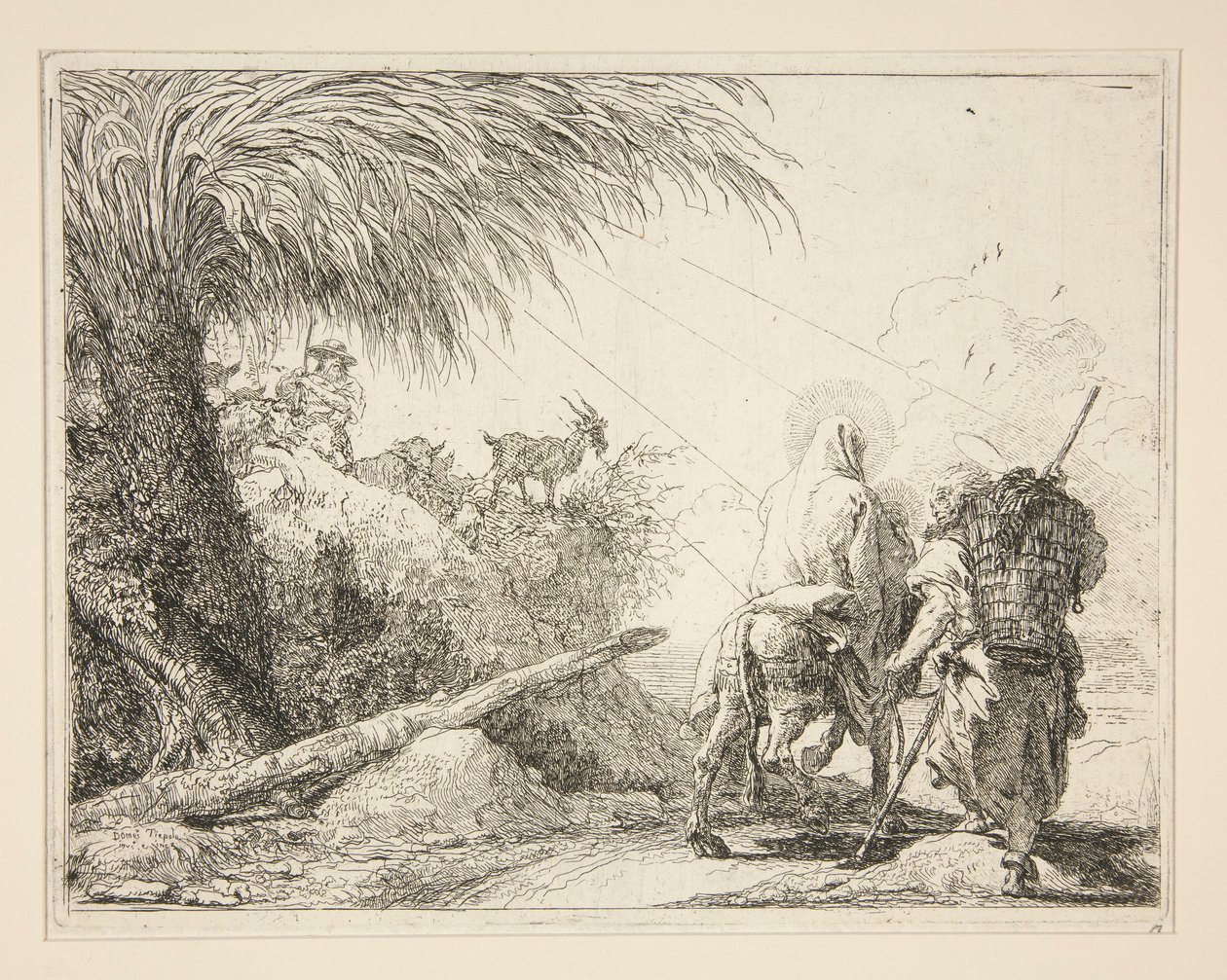 De Maagd, gezeten op de ezel en gezien van achteren, uit de serie Idee pittoresche sopra la fuga in Egitto (Vlucht naar Egypte) door Giovanni Domenico Tiepolo