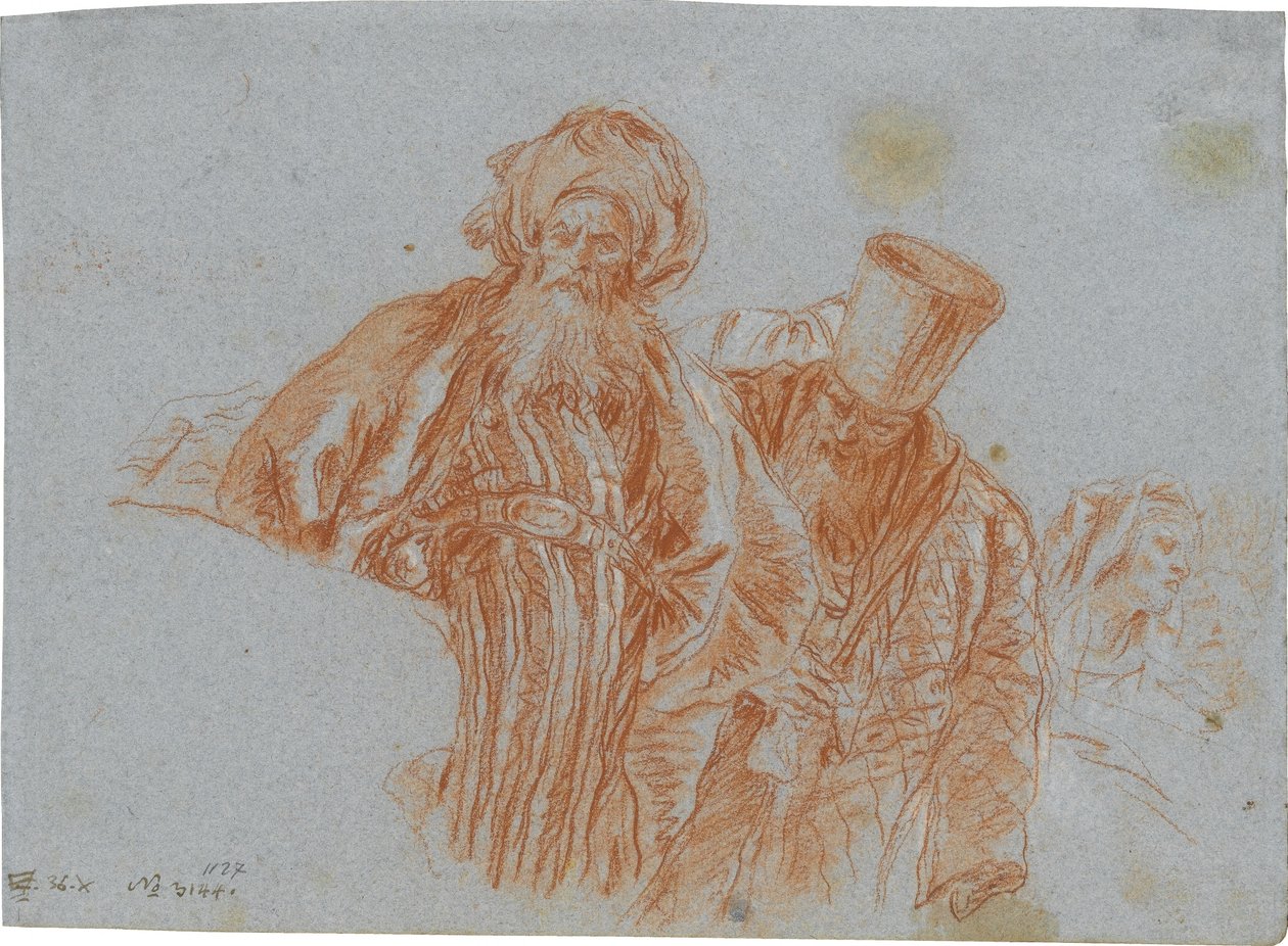 Twee oosterse kooplieden; verso: Linkerhand die een crucifix vasthoudt door Giovanni Domenico Tiepolo