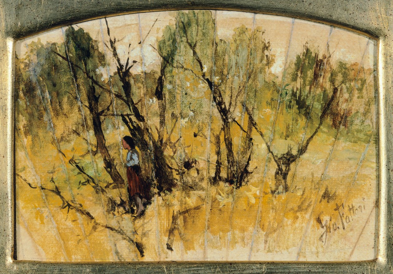 Bos met een figuur, de studie van een waaier door Giovanni Fattori