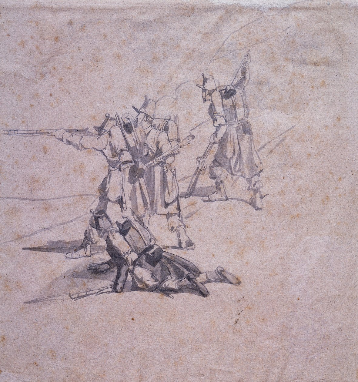 Vier soldaten in actie door Giovanni Fattori