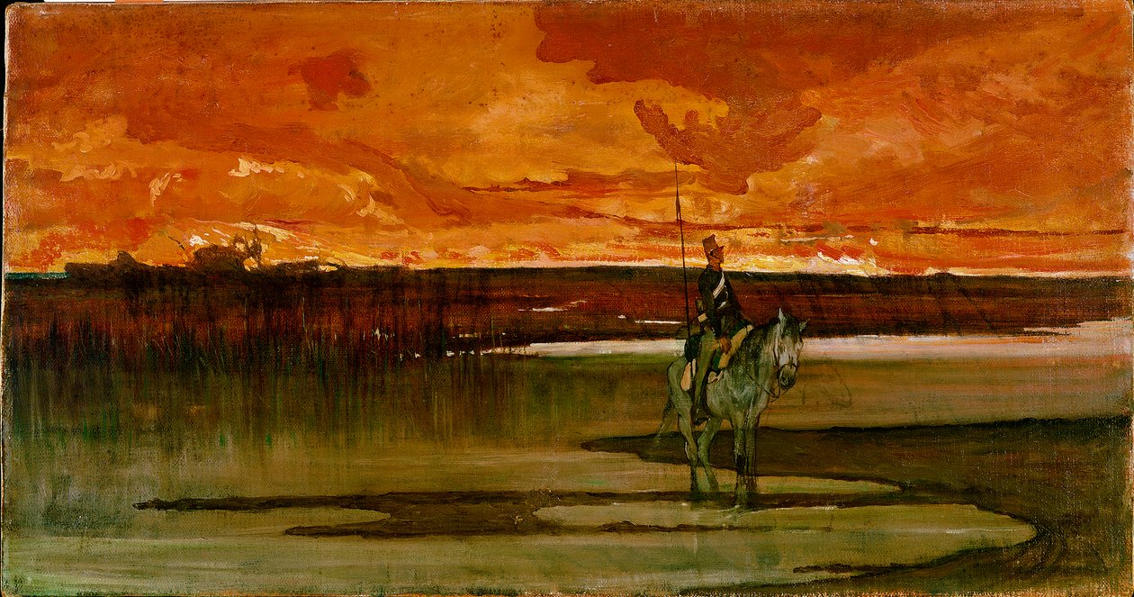 Lanciere di vedetta presso un fiume. De wachtpost aan de rivier. Schilderij door Giovanni Fattori (1825-1908) 1885-1890. Dim. 27x57 cm. Florence, Galleria d