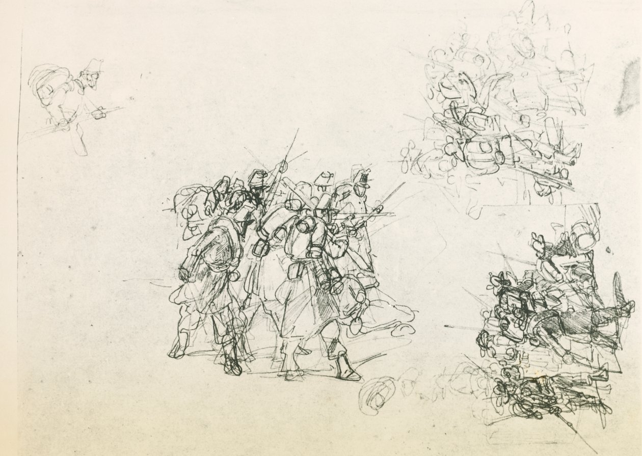 Drie schetsen voor groepen soldaten door Giovanni Fattori