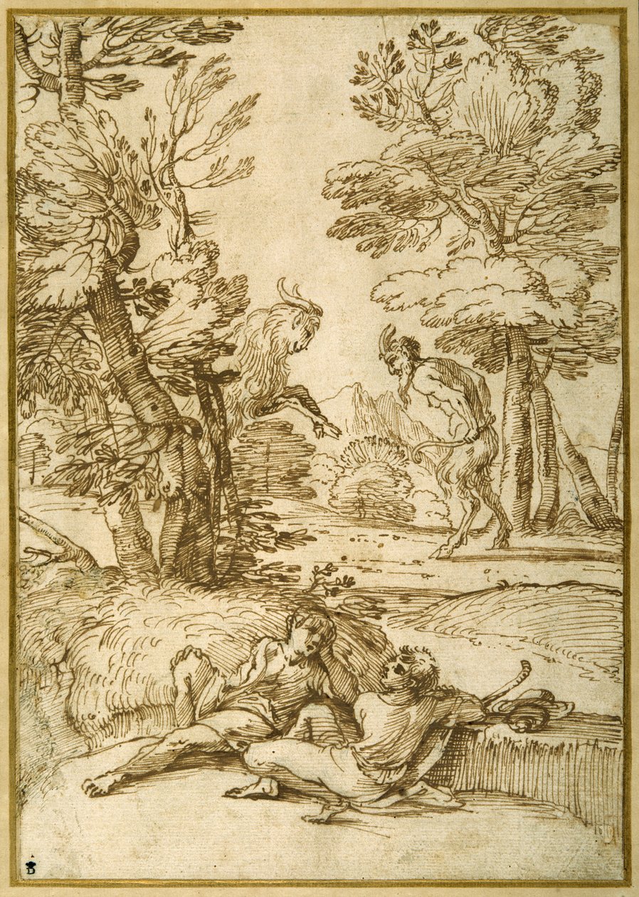 Een landschap met twee herdersjongens die rusten, terwijl een sater en een geit dansen door Giovanni Francesco Grimaldi