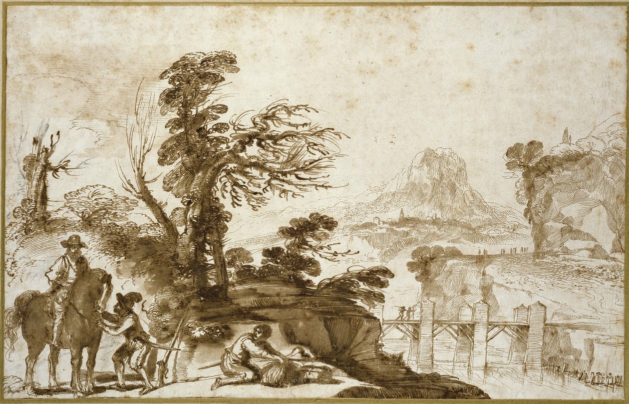 Landschap met een ruiter en een brug door Giovanni Francesco Barbieri