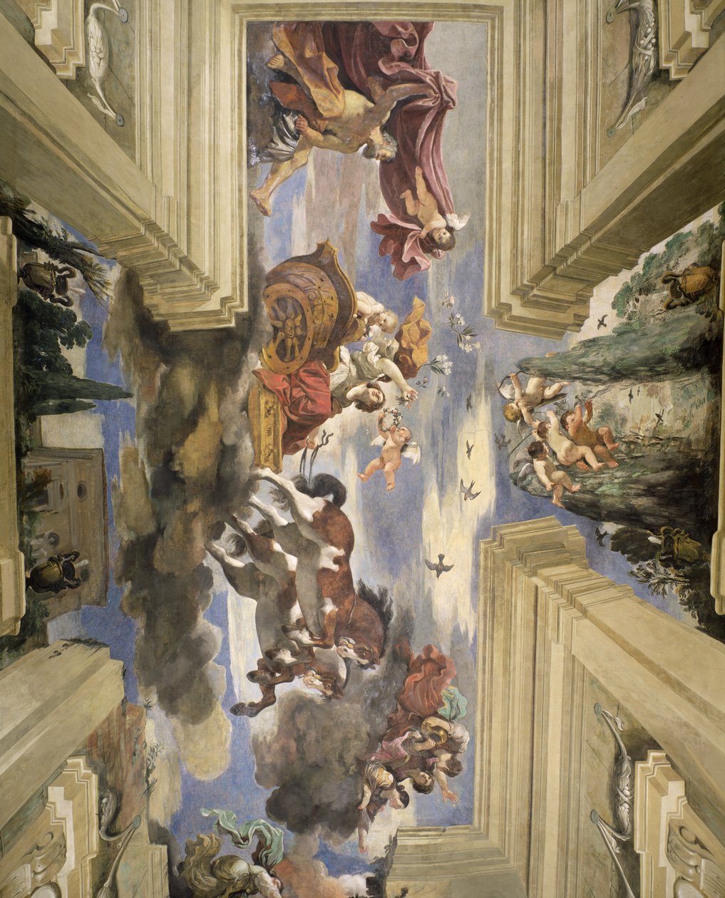 De Sala di Aurora detail van het plafond met de wagen van de Dageraad (detail) door Giovanni Francesco Barbieri