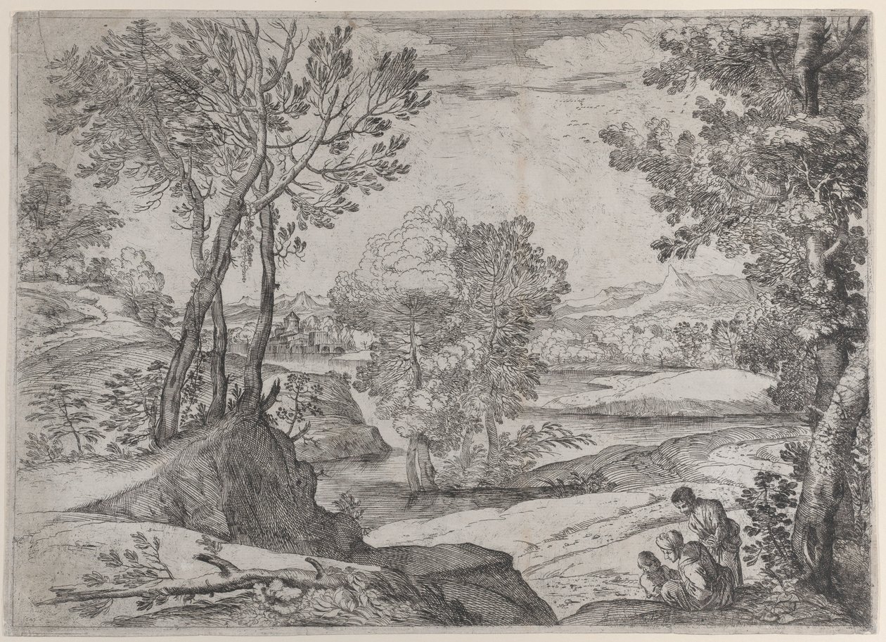 Een familie zittend bij een rivier, 1643 door Giovanni Francesco Grimaldi