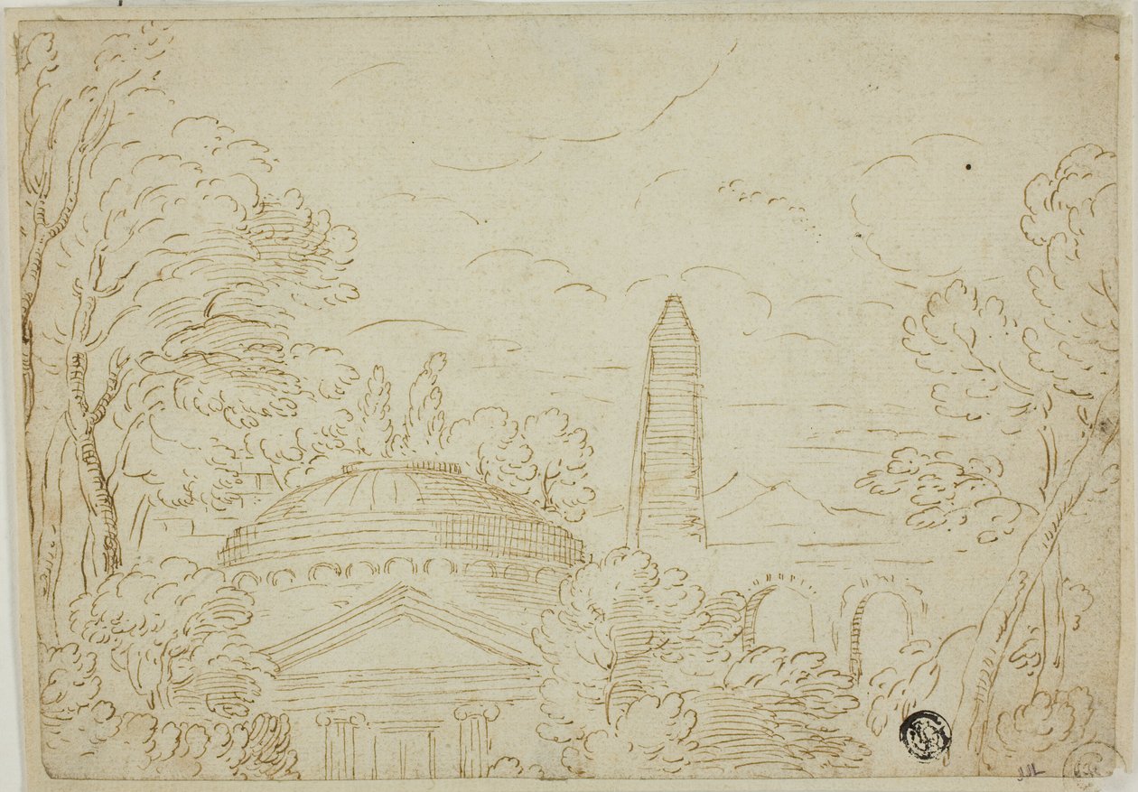 Landschap met tempel, obelisk en aquaduct door Giovanni Francesco Grimaldi