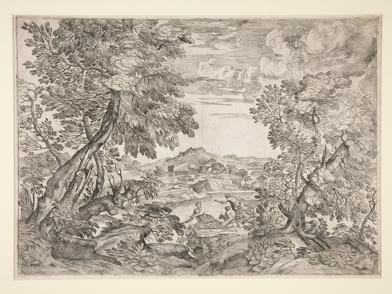 Landschap met Drie Mannen bij een Rivier door Giovanni Francesco Grimaldi