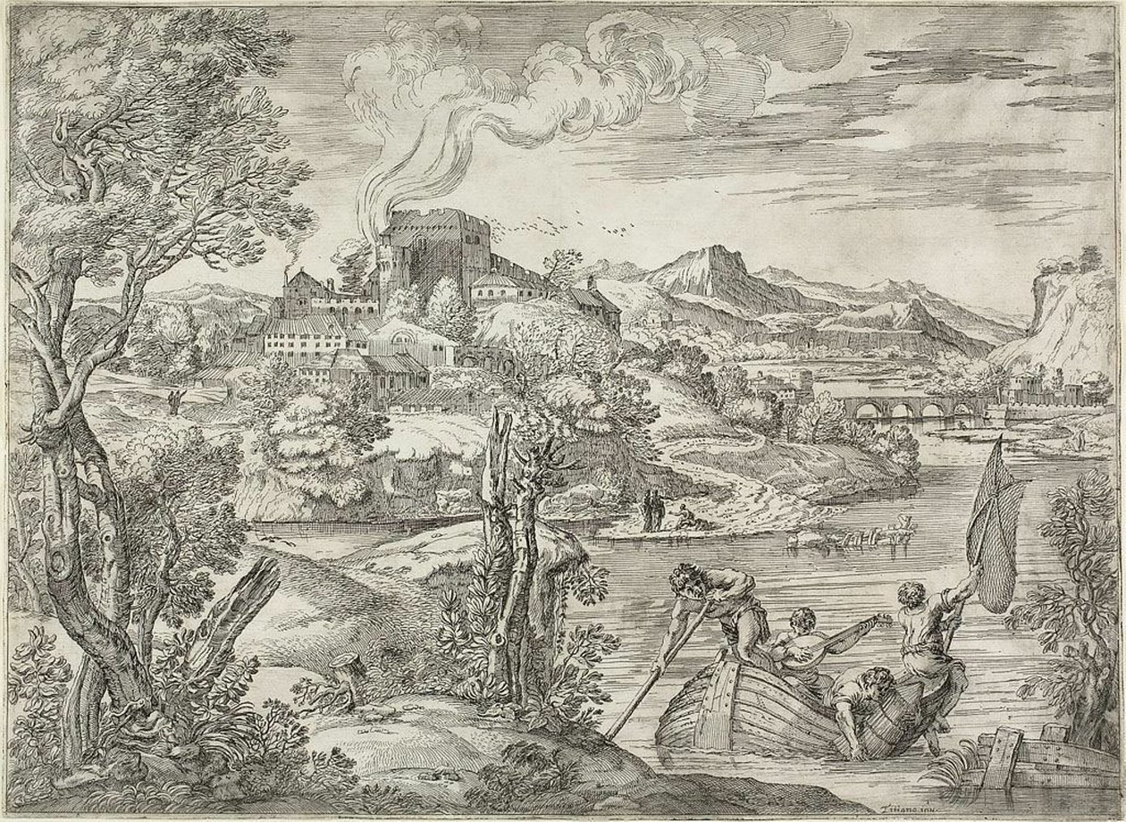 Landschap met een luitspeler door Giovanni Francesco Grimaldi
