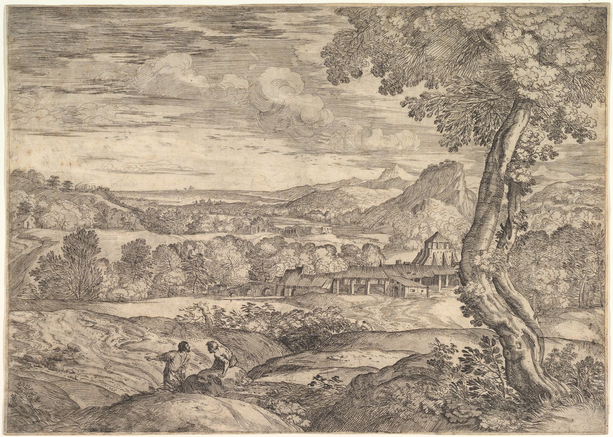 Landschap met een baksteenfabriek op de achtergrond, een staande man op de voorgrond, 1626-80 door Giovanni Francesco Grimaldi
