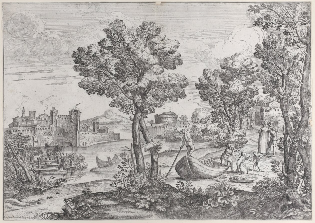 Landschap met een man die een slang vasthoudt voor een doodsbang kind, bekeken door een modieus geklede, 1626-80 door Giovanni Francesco Grimaldi