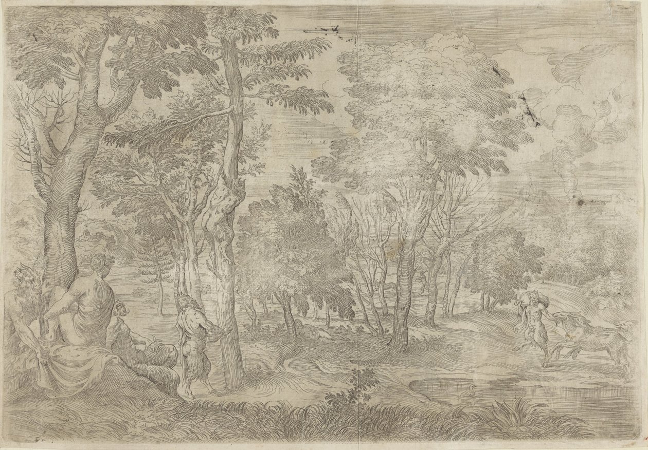 Landschap met nimfen en saters door Giovanni Francesco Grimaldi