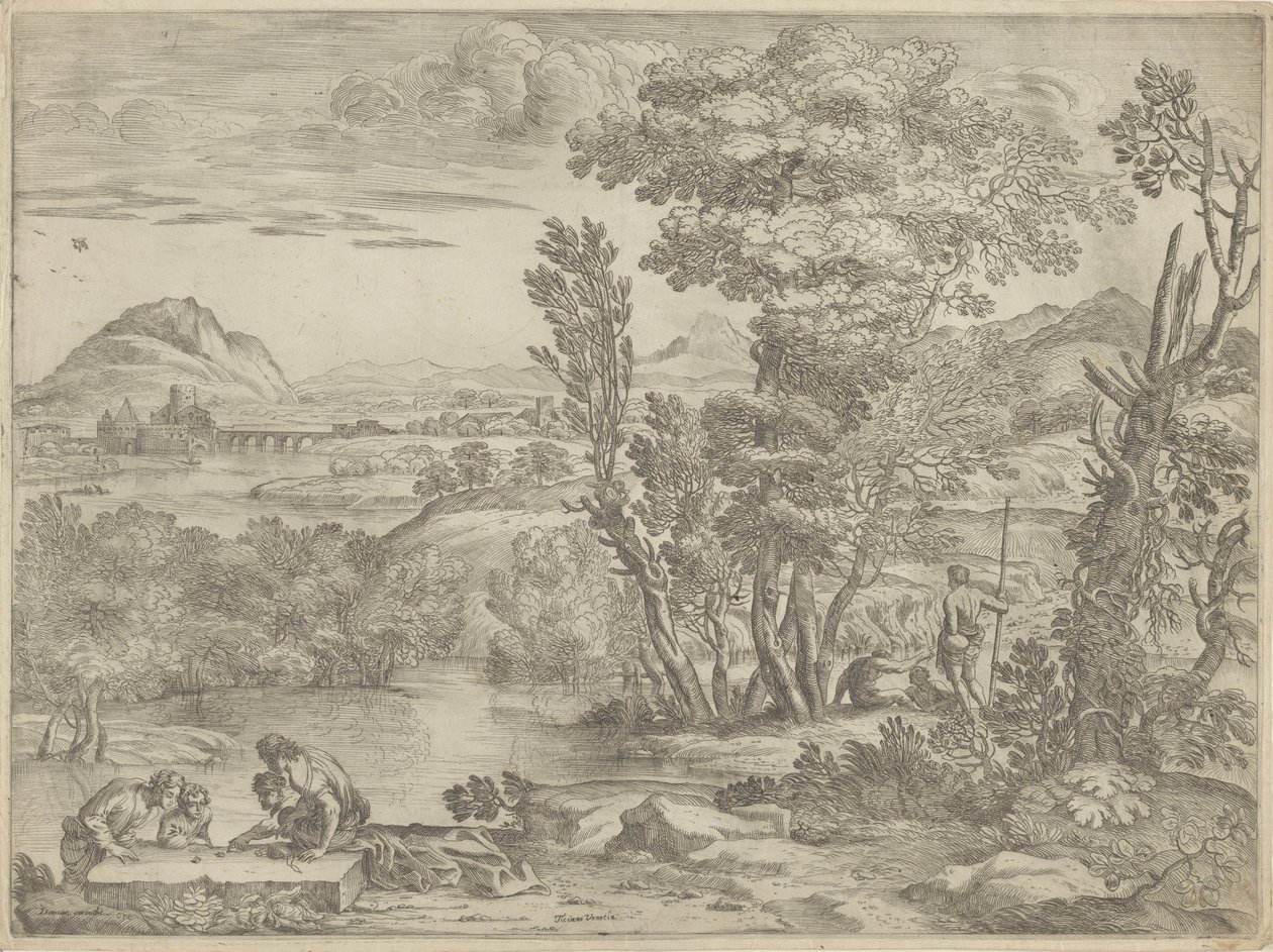 Landschap met vier dobbelaars door Giovanni Francesco Grimaldi
