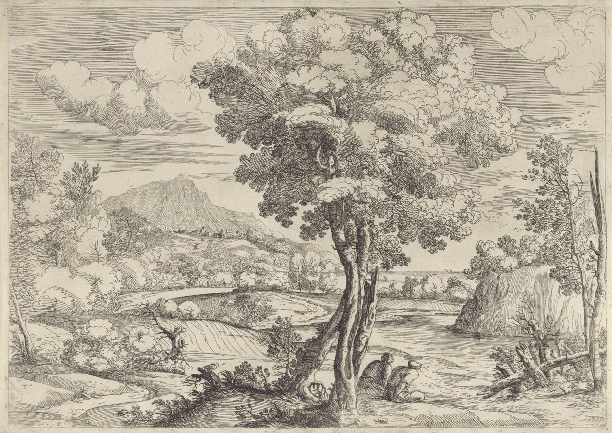 Landschap met vogel op boomstronk door Giovanni Francesco Grimaldi