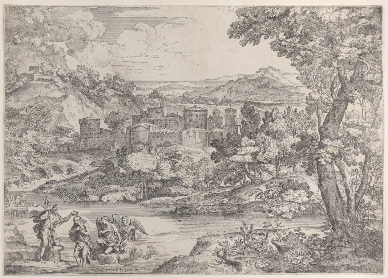 De doop van Christus linksonder, binnen een landschap, 1626-80 door Giovanni Francesco Grimaldi