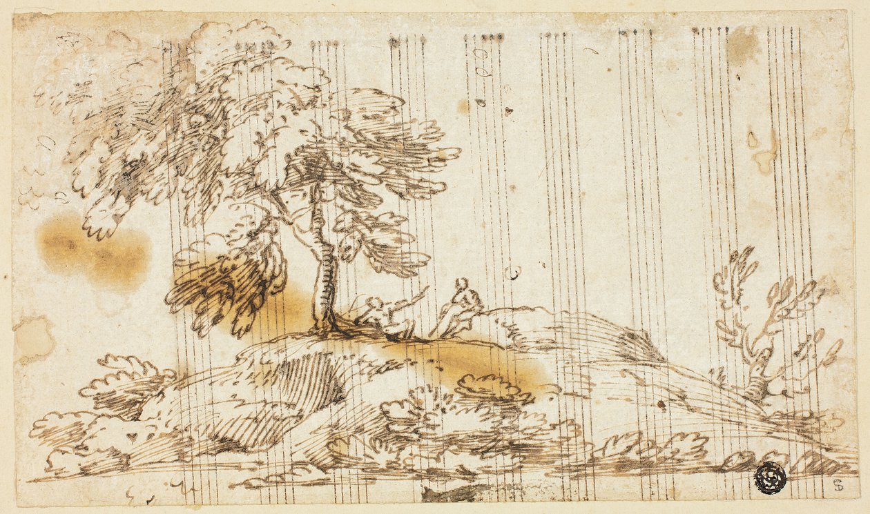 Twee mannen zittend onder een boom op een heuvel door Giovanni Francesco Grimaldi