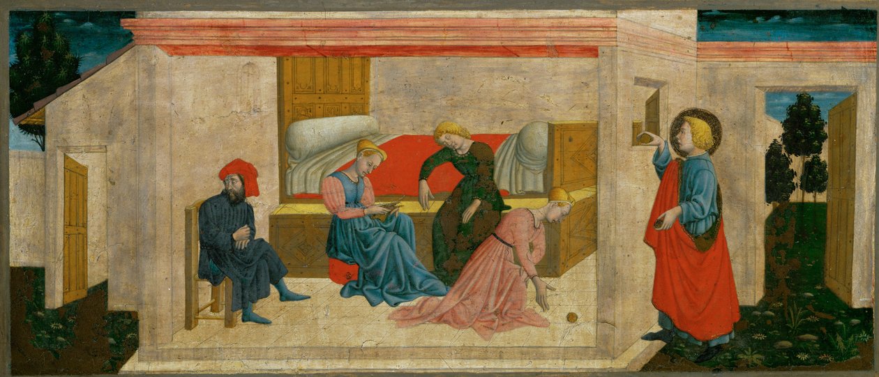 De liefdadigheid van Sint Nicolaas van Bari, die arme meisjes een bruidsschat schenkt ... door Giovanni Francesco Rimini