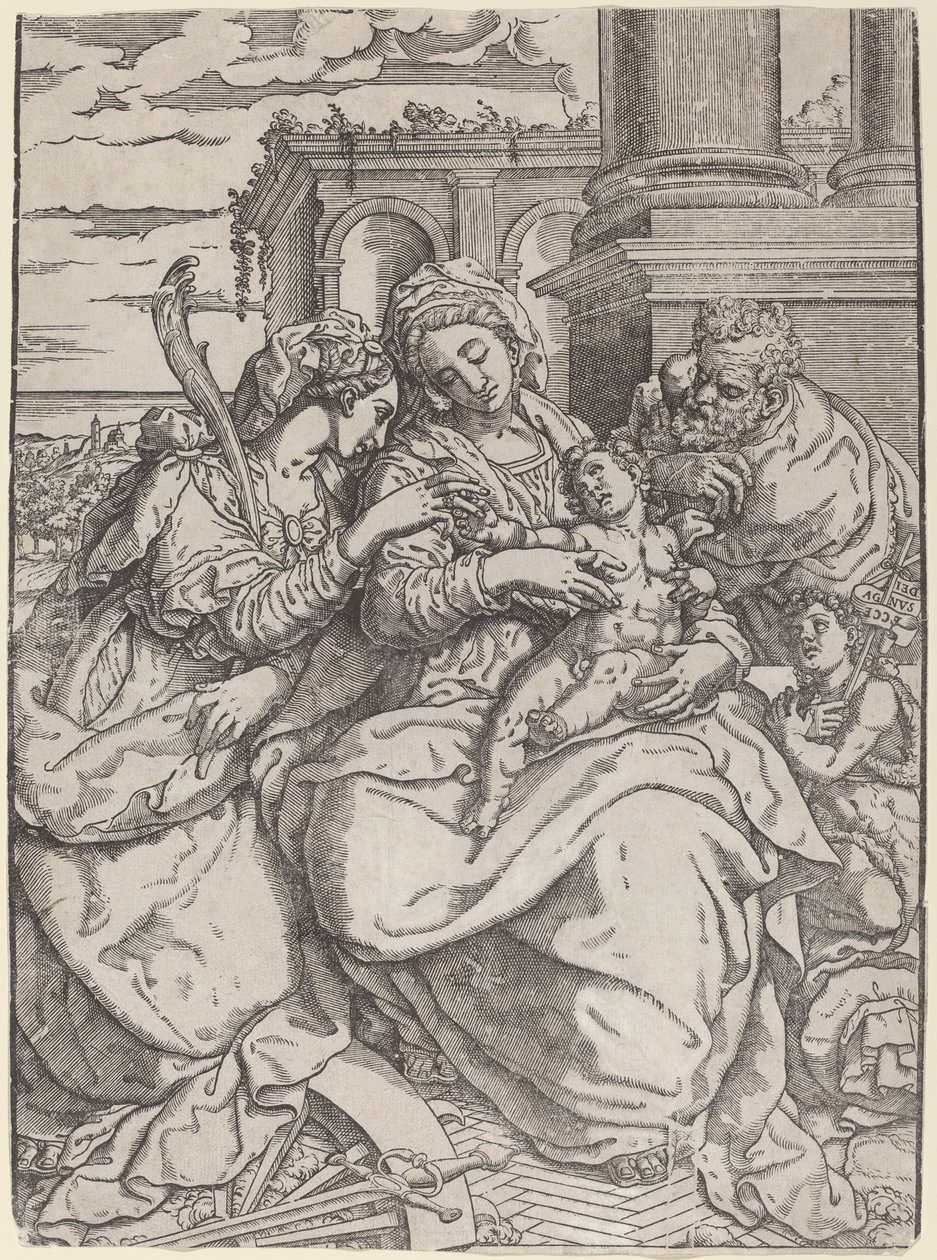 Madonna en kind met Sint-Catharina door Giovanni Gallo after Marco Pino