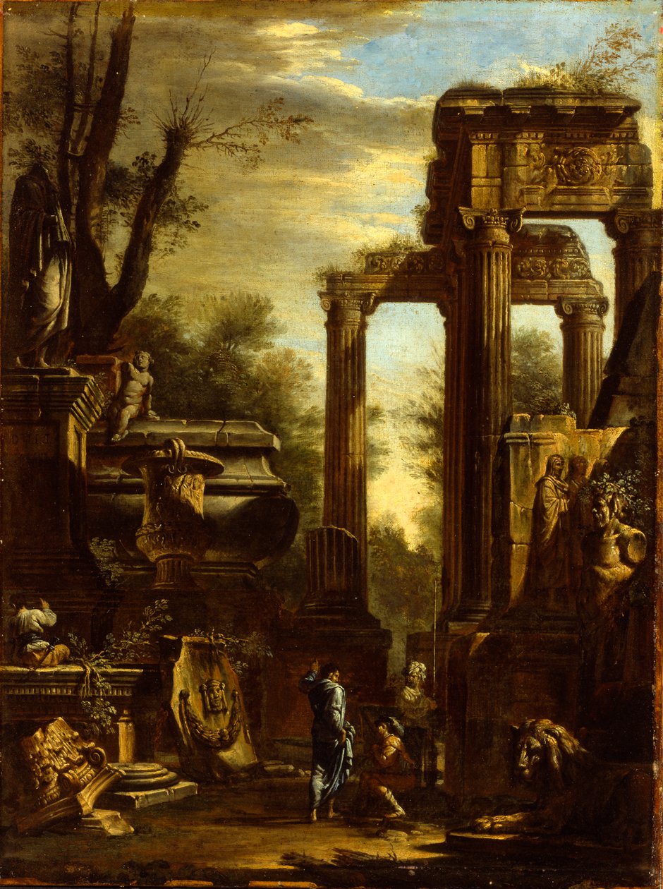Capriccio van klassieke ruïnes en beelden met pratende figuren door Giovanni Ghisolfi