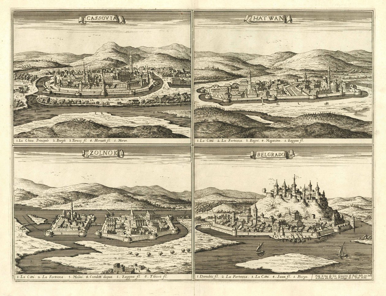 Kastelen van Košice, Hatvan, Szolnok en Belgrado (Giovanni Giacomo De Rossi, 1683) door Giovanni Giacomo De Rossi
