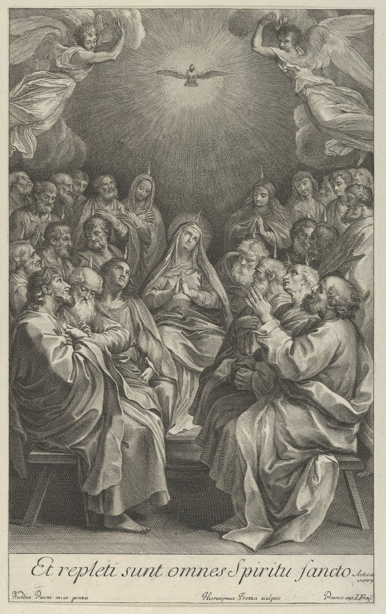 De Maagd met apostelen die naar de Heilige Duif en twee engelen kijken, naar Reni door Giovanni Girolamo Frezza