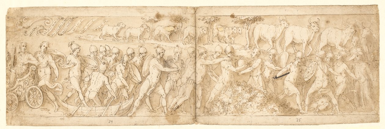 Barbaarse vluchtelingen en hun dieren worden uit hun schuilplaats gehaald; linksboven het einde van een cartouche met een scroll door Giovanni Guerra