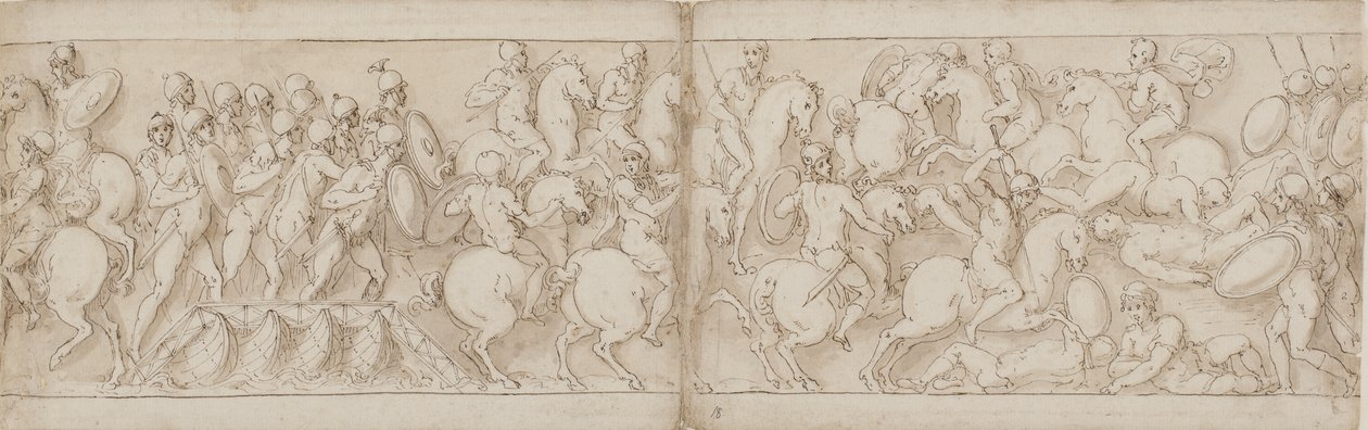 Marcus Aurelius vertrekt over een kade met infanterie en cavalerie (CVIII); de Sarmaten worden teruggedrongen door oprukkende Romeinen (CIX) door Giovanni Guerra