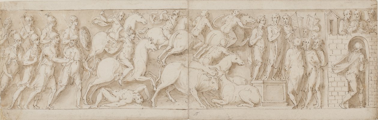 Romeinse boogschutters(?), Romeinse aanval (XCIX); Marcus Aurelius spreekt zijn bewakers toe (C); Marcus Aurelius ontvangt een waarschuwing (CI) door Giovanni Guerra