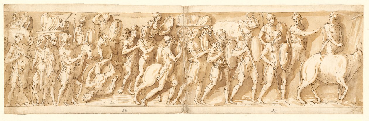 Romeinen op mars (XXXVI); Marcus Aurelius, Pompeius en een bediende kijken naar de mars (XXXVII); een pauze tijdens de mars (XXXVIII) door Giovanni Guerra