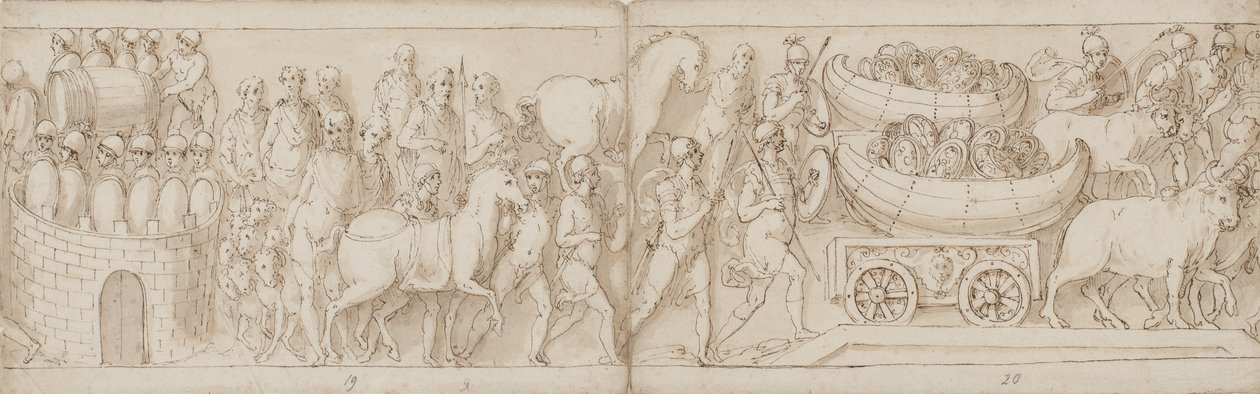 De belegerde Romeinen ontvangen versterkingen van de andere kant, de Romeinen op mars met de keizer; schilden in boten worden over een brug getrokken op ossenwagens door Giovanni Guerra