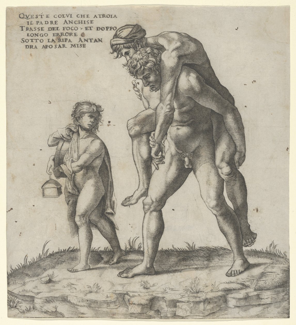 Aeneas redt Anchises, een jonge jongen draagt een lantaarn links door Giovanni Jacopo Caraglio