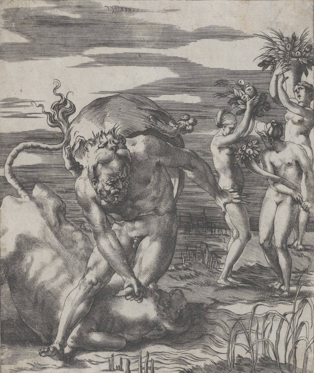 Hercules verslaat de riviergod Achelous in de vorm van een stier, met drie vrouwen door Giovanni Jacopo Caraglio