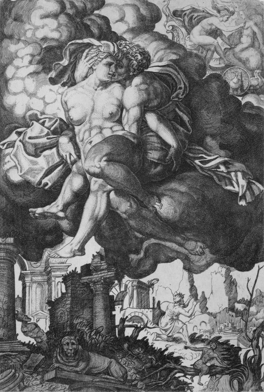 Ixion probeert Juno te verleiden, omgeven door wolken met ruïnes beneden door Giovanni Jacopo Caraglio