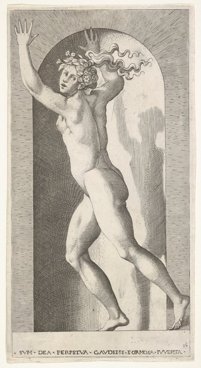 Hebe in een nis met haar handen in de lucht, rennend naar links terwijl ze kijkt naar... door Giovanni Jacopo Caraglio