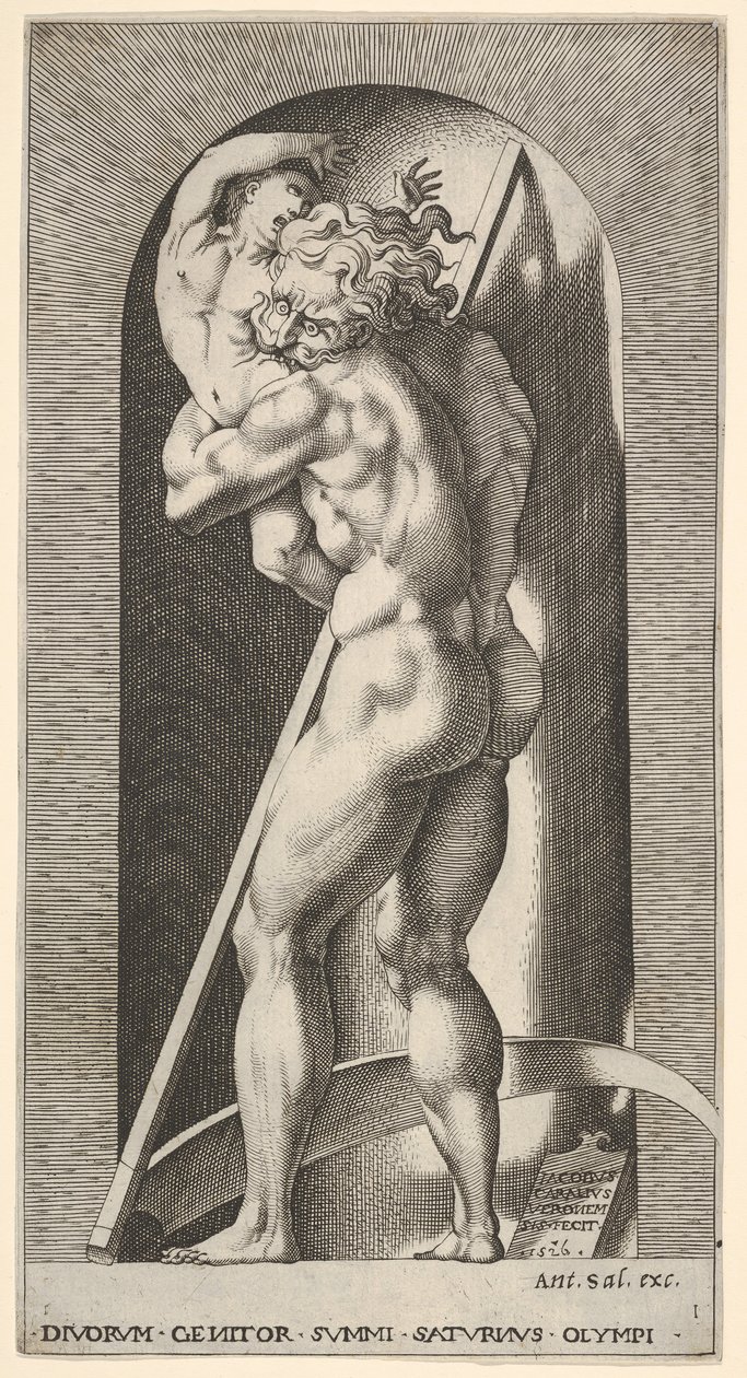 Saturnus in een nis die zijn zoon verslindt, staand voor een zeis, uit een serie door Giovanni Jacopo Caraglio