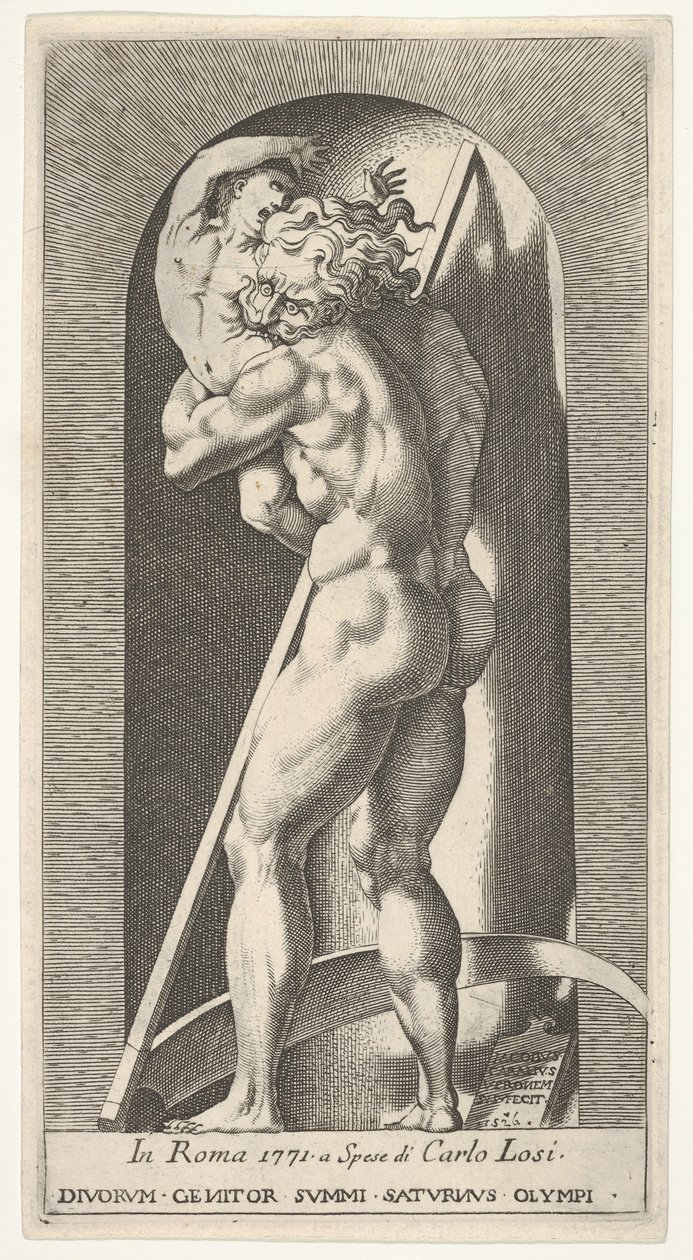 Plaat 1: Saturnus in een nis die zijn zoon verslindt, staand voor een zeis, uit een serie van m..., 1526 door Giovanni Jacopo Caraglio