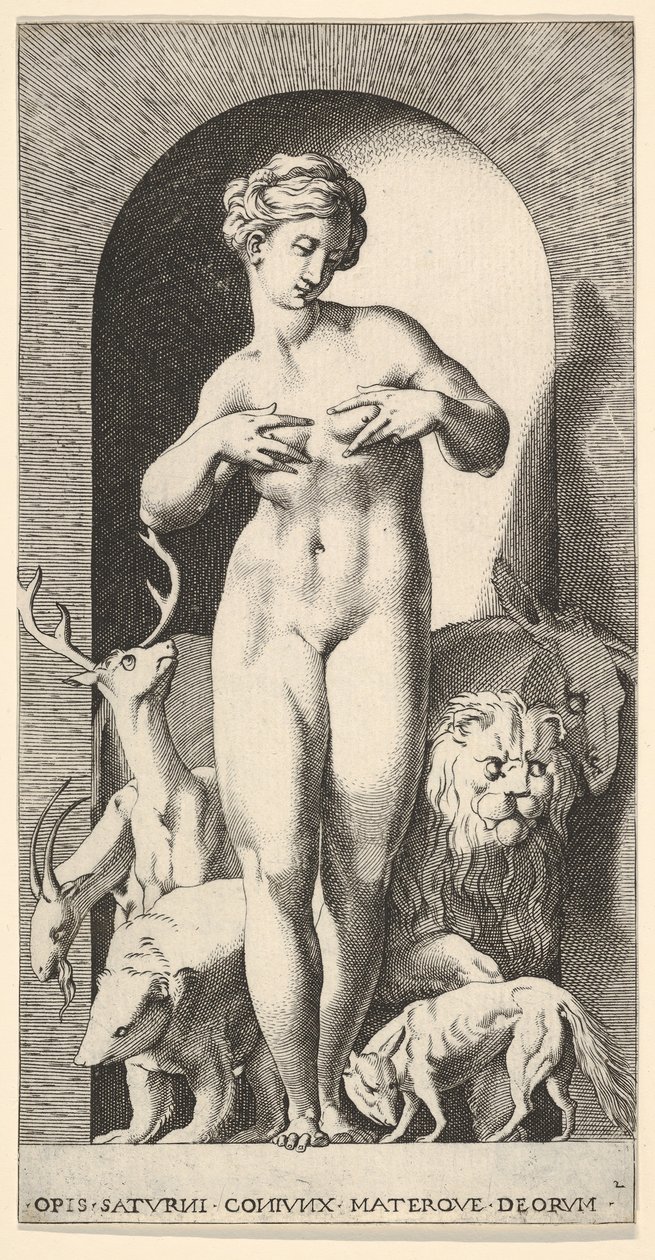 Plaat 2: Ops staand in een nis met haar handen op haar borsten, kijkend naar links door Giovanni Jacopo Caraglio